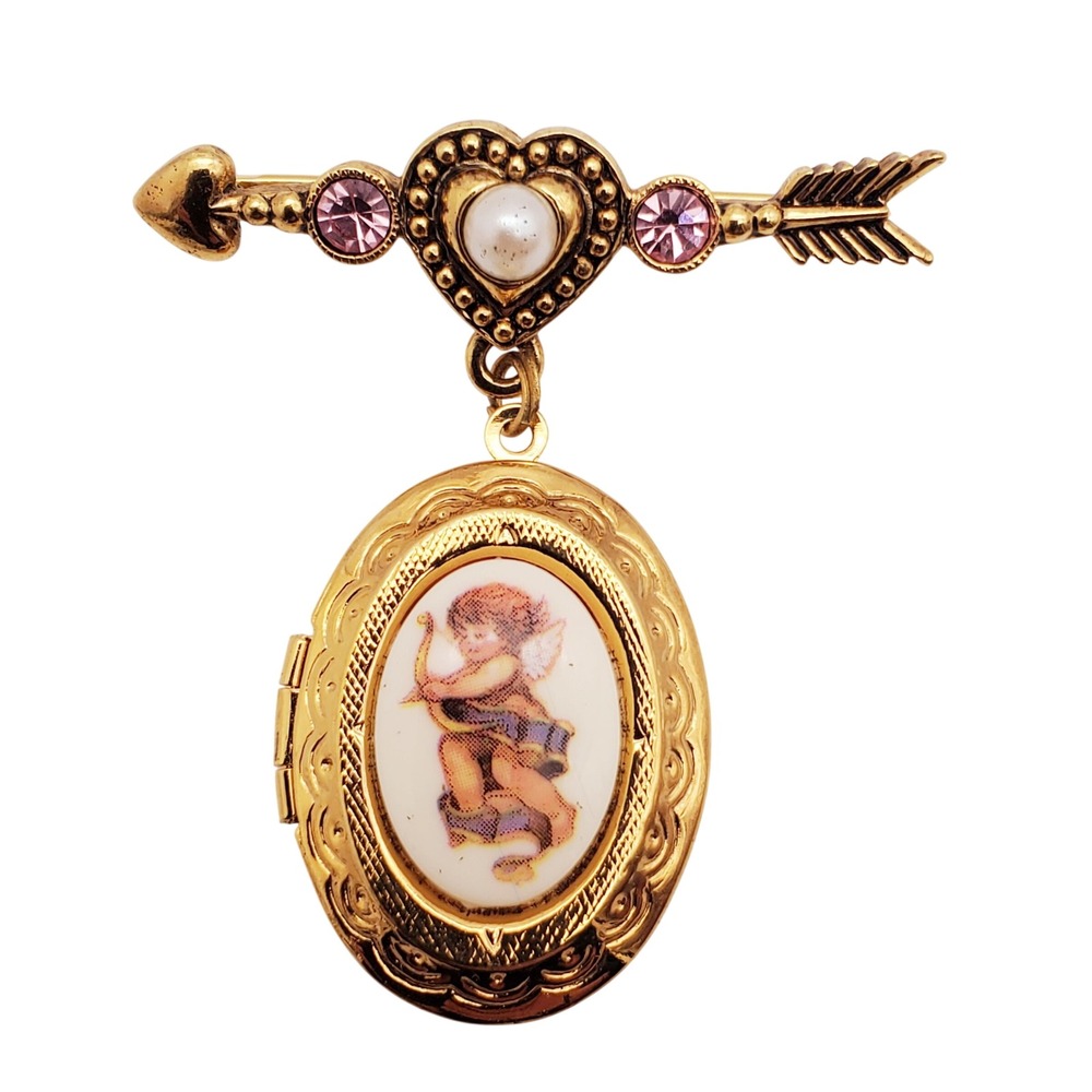 Avon Photo Locket Brooch Gold Tone Cupid Heart Arrow Pink Rhinestone Vintage Pin